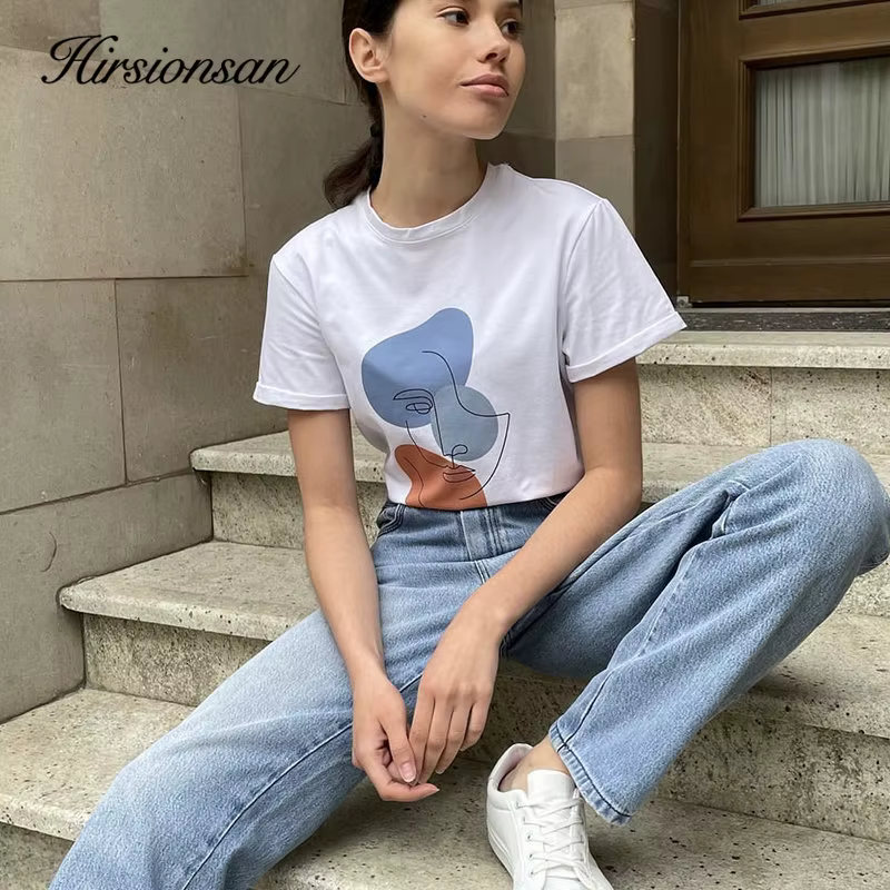 Hirsionsan – t-shirt col rond pour femme, estival et décontracté, avec impression abstraite, 100% co