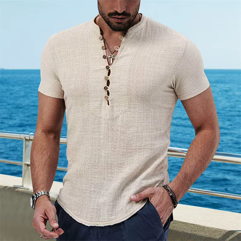 T-shirt à manches courtes pour hommes, col en V, bouton, coton, chemise en lin, vêtements décontract