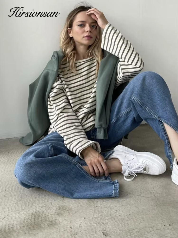 Hirsionsan – t-shirt rayé à manches longues pour femmes, 2023 coton, surdimensionné, décontracté, Ch