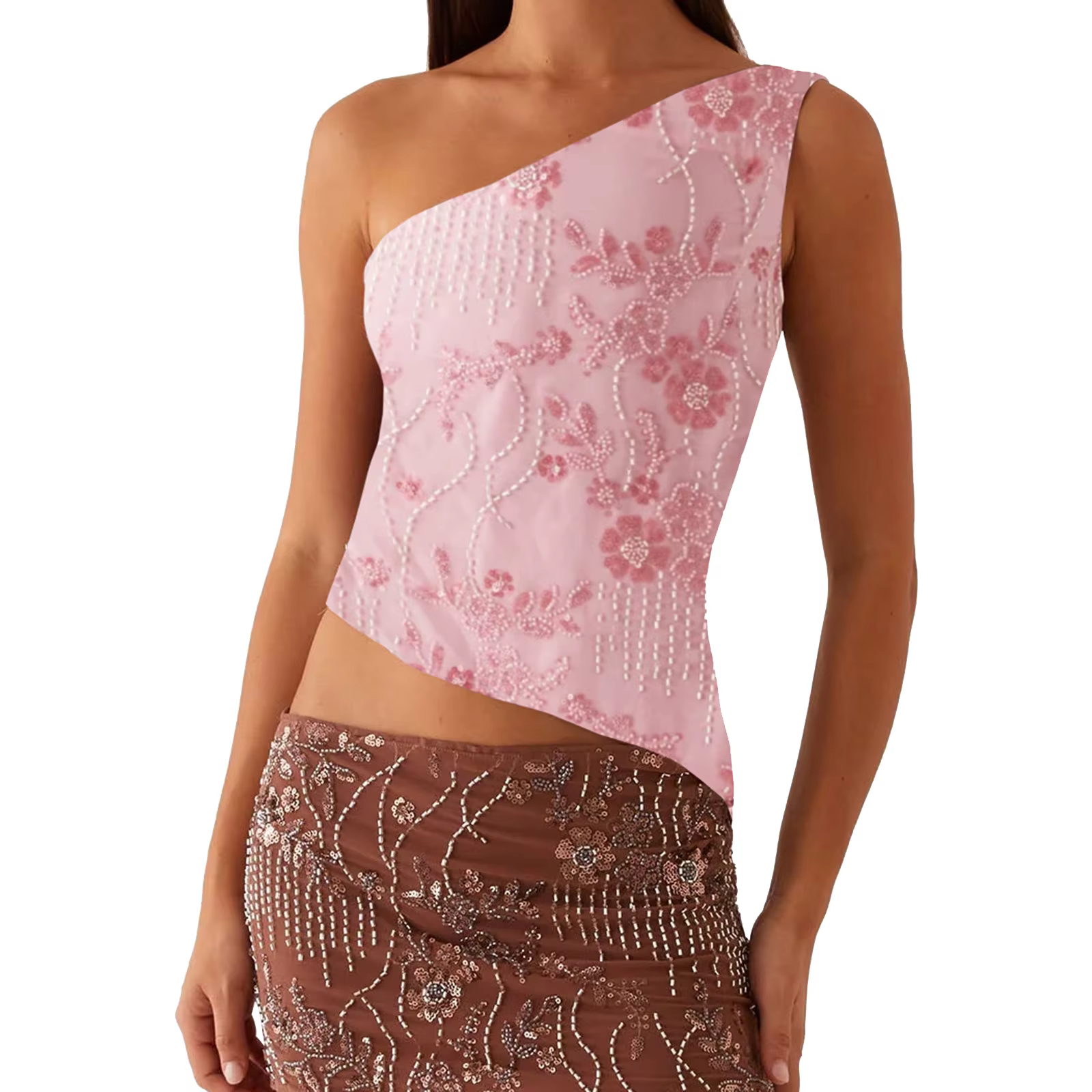 Débardeur à paillettes et perles pour femmes, couleur unie, élégant, court, paillettes scintillantes