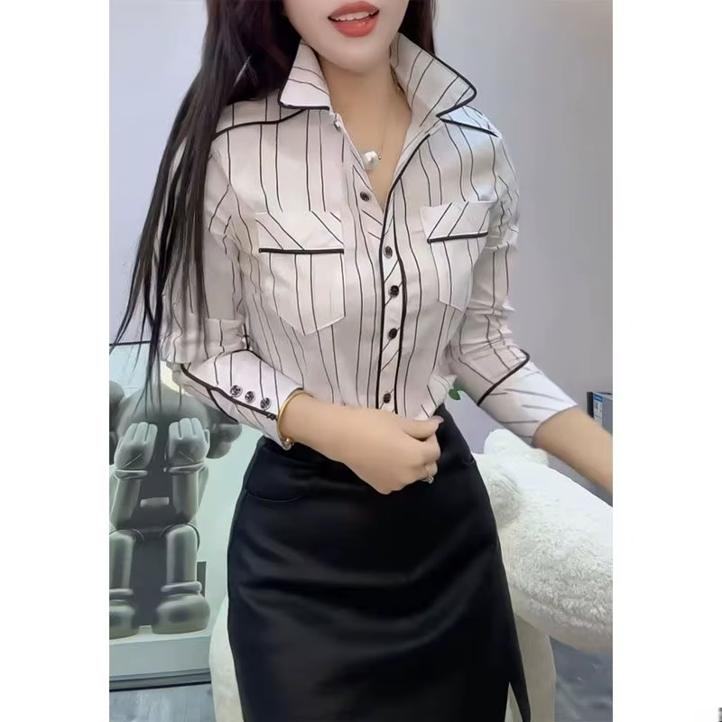 Chemise à rayures verticales à manches longues et col Polo, haut Slim à Base polyvalente et à la mod