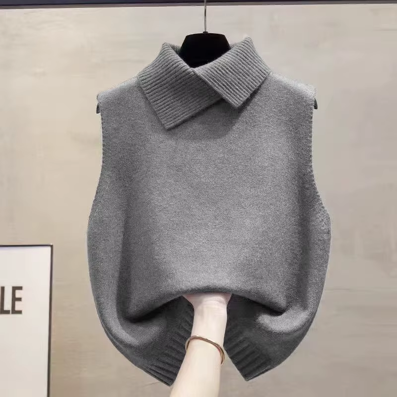 Automne hiver coréen couleur unie revers sans manches polyvalent décontracté tricoté gilet pour les