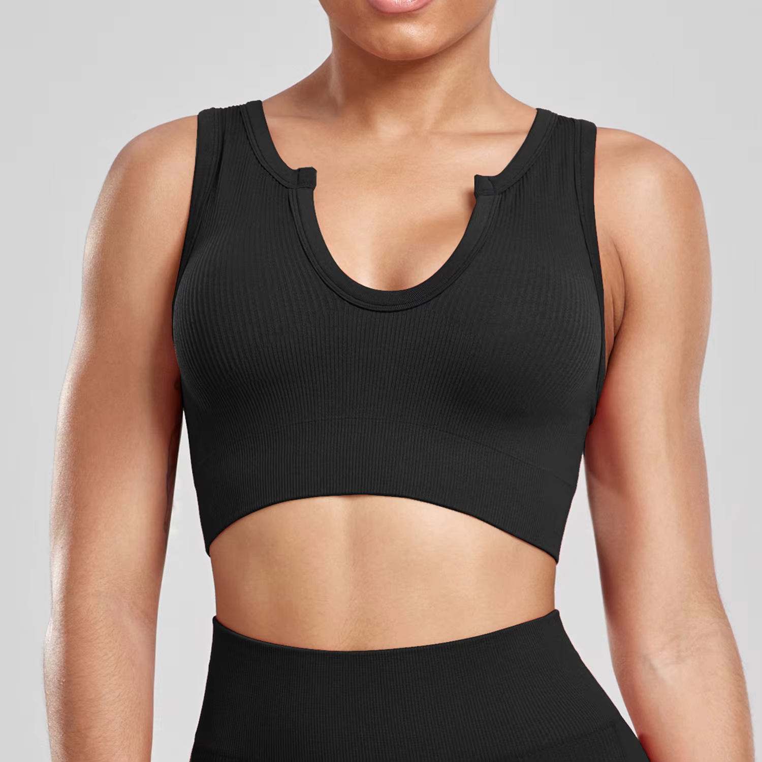 Débardeur de sport côtelé sans manches pour femme, col en V sexy, extensible, respirant, sans coutur