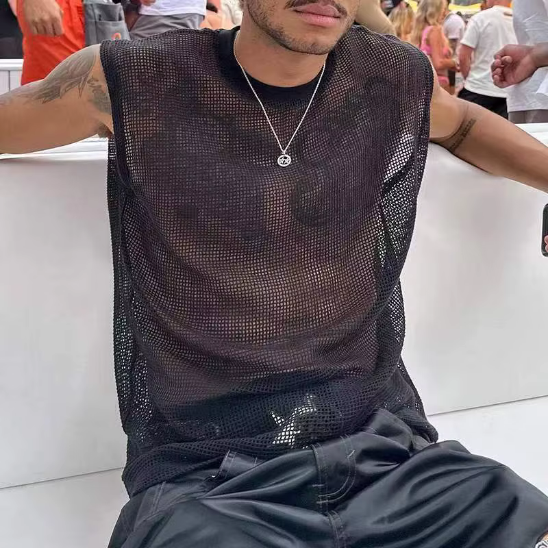 Mode hommes hauts réservoir creux Sexy maille pure Perspective gilet filet de pêche Muscle sans manc
