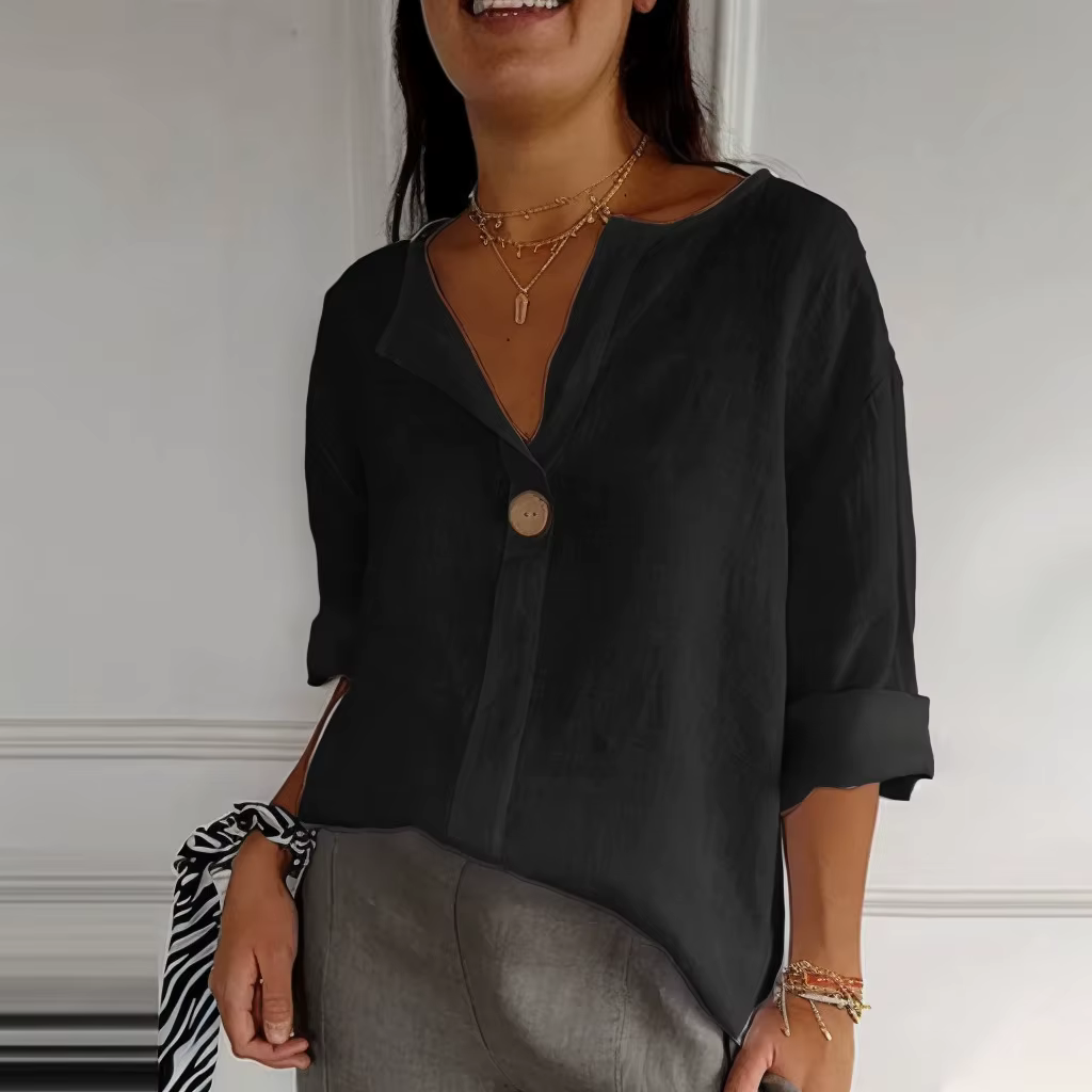 Blouse décontractée pour femme 2026 – Nouveau T-shirt ample d'été en coton et lin à col en V avec bo