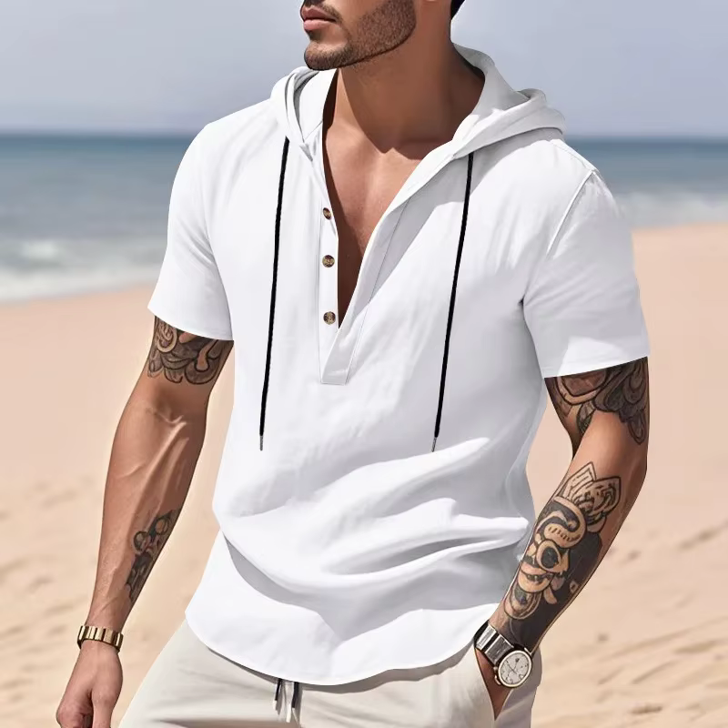 Chemise ample en lin à manches courtes pour hommes, vêtements de plage décontractés d'été à capuche,