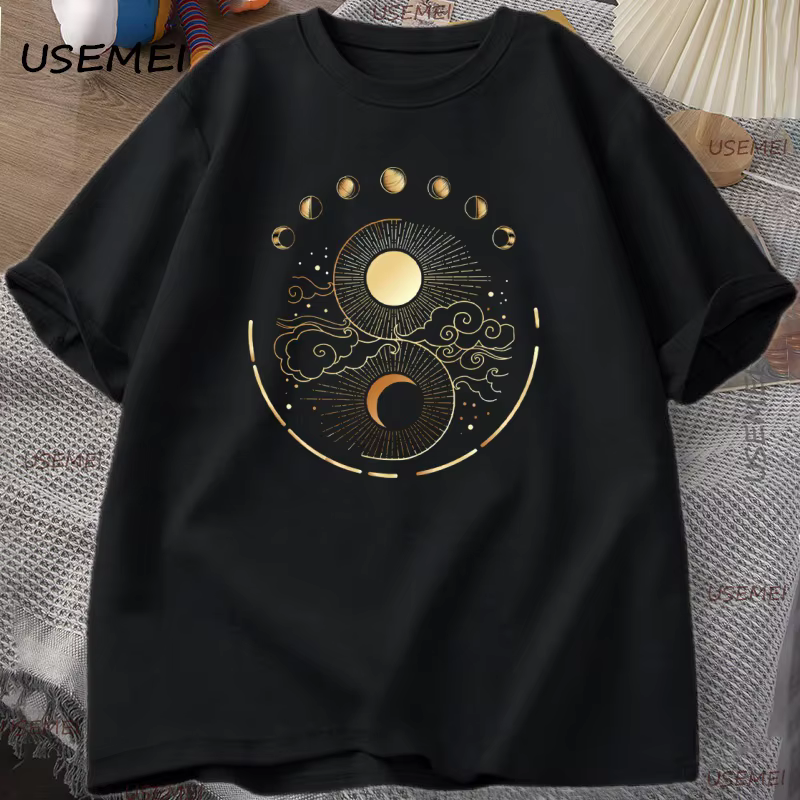 Lune mystique et soleil T-Shirt hommes femmes Boho Vintage lune T-Shirt décontracté coton à manches