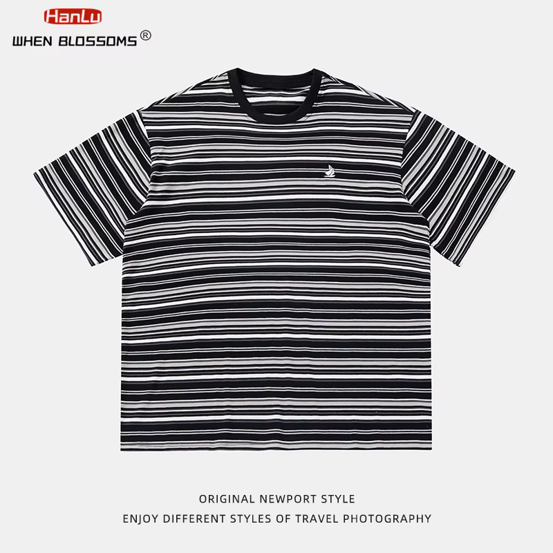 HANLU rétro contraste couleur rayure à manches courtes T-Shirt unisexe été nouveau Style broderie à