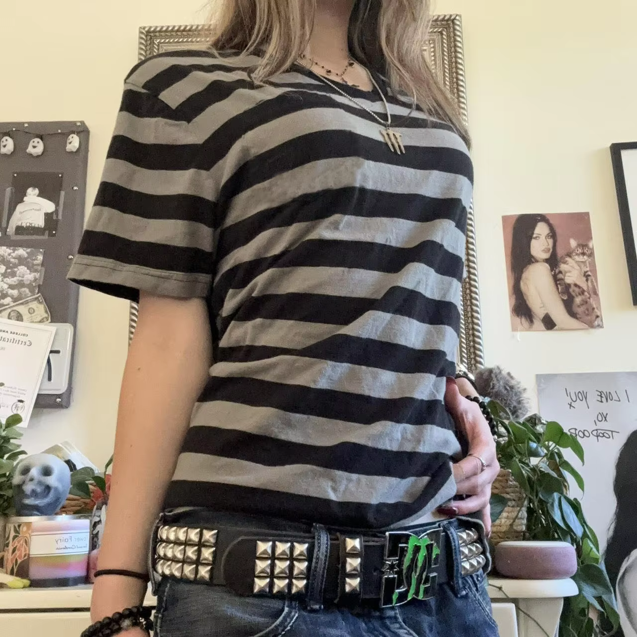 Femmes Y2k Grunge chemises rayé Baggy col rond manches courtes Emo hauts 2000s Harajuku Vintage adol
