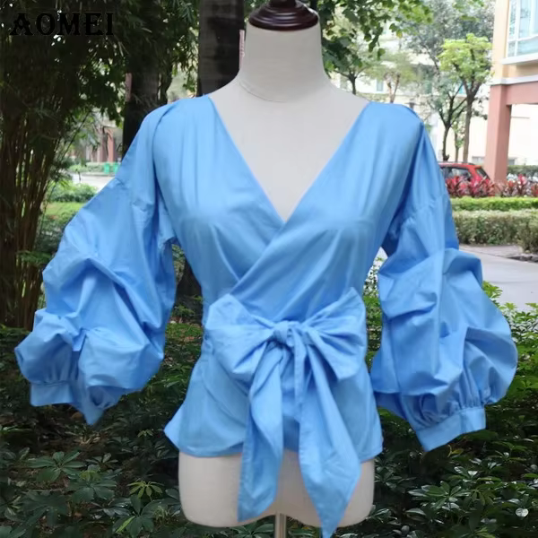 Femmes chemisier jaune Peplum hauts avec ceinture de taille noeud papillon manches bouffantes col en