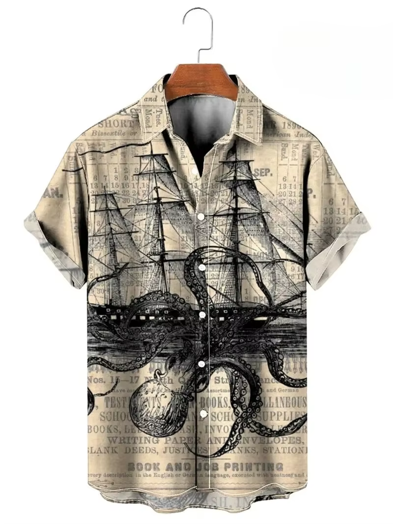 Vintage boutonné chemise homme 3d carte imprimé à manches courtes chemise hawaïenne revers vêtements