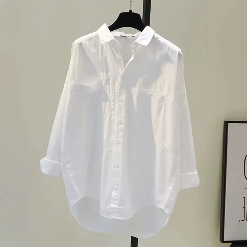 Chemisier blanc à manches longues pour femme, nouvelle collection printemps, décontracté, ample, pou