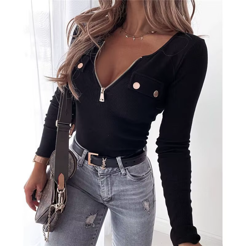 T-shirt manches longues col en V pour femme, fermeture éclair, couleur unie, livraison directe, 107,