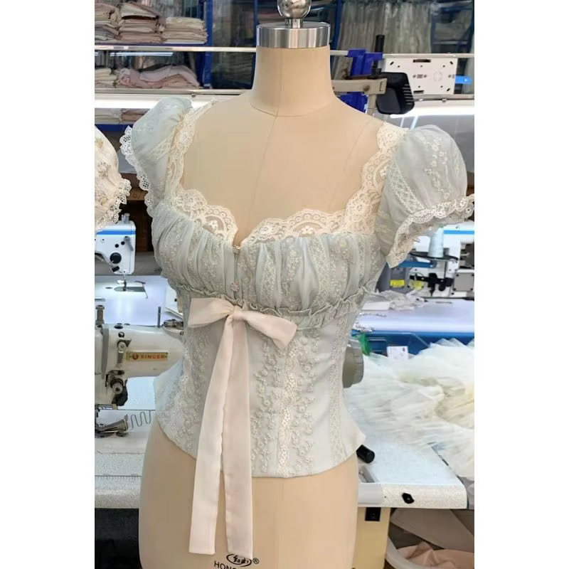 Chemisier floral en dentelle française pour femme, haut corset à manches bouffantes et nœud, coupe a