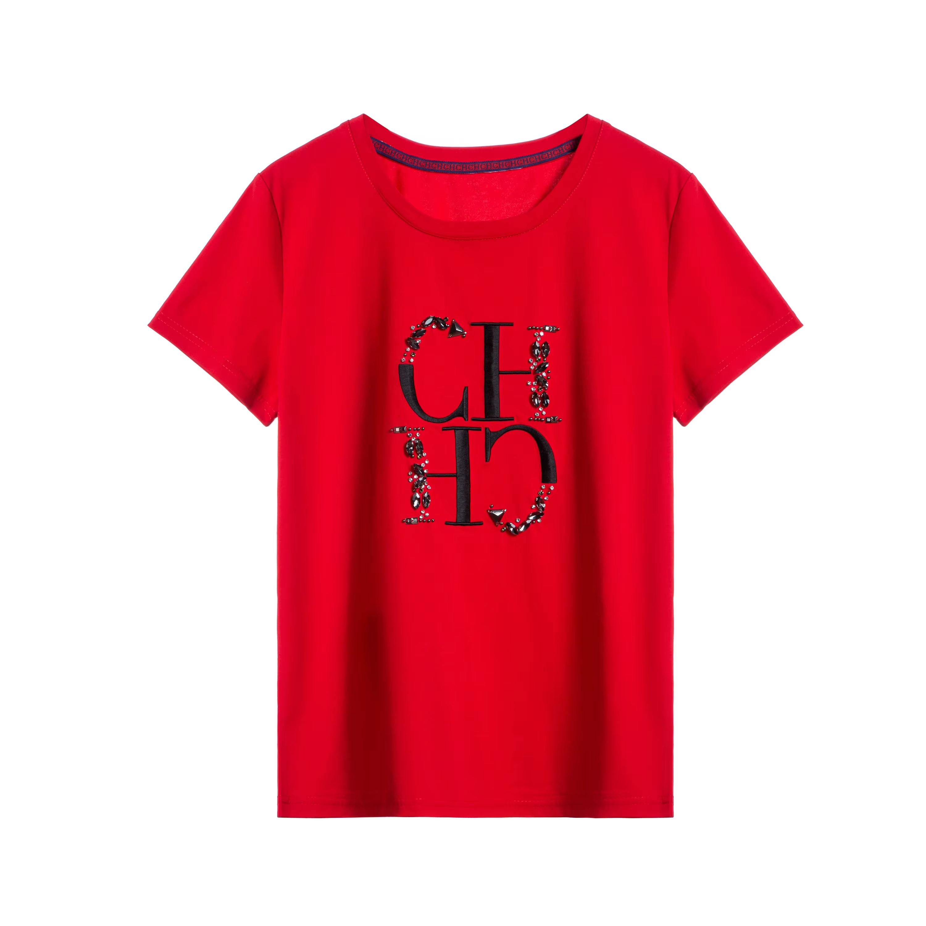 T-shirt pour femme CHCH, mode, broderie à la main, haut décontracté à col rond
