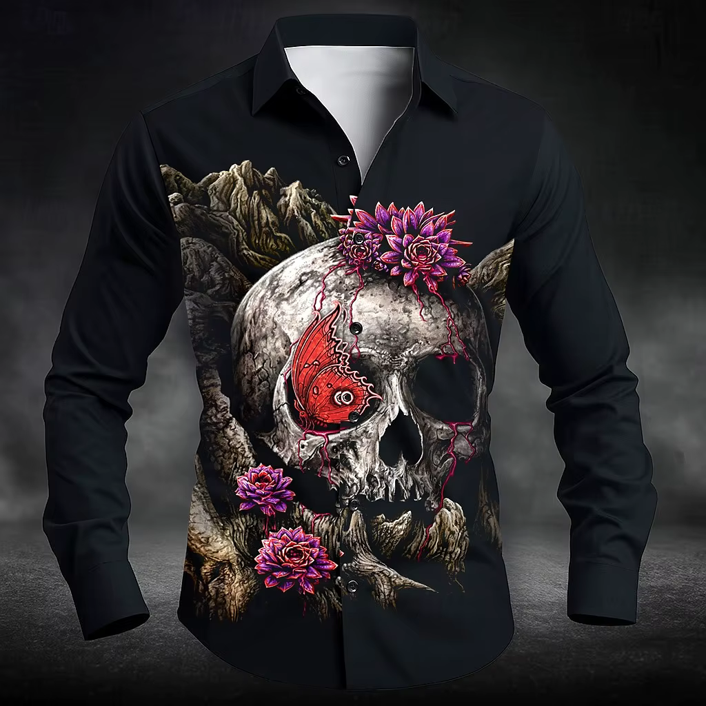 Chemise boutonnée à manches longues pour hommes, imprimé Floral, fleurs de roses, Style gothique fon