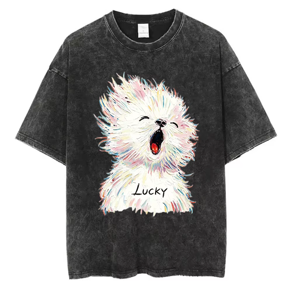 T-shirt délavé à motif chien pour femme, imprimé chiot amusant, style vintage Harajuku streetwear, d