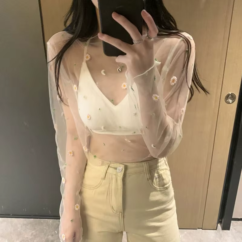 T-shirt manches longues femme, court et transparent, en maille, avec motif floral