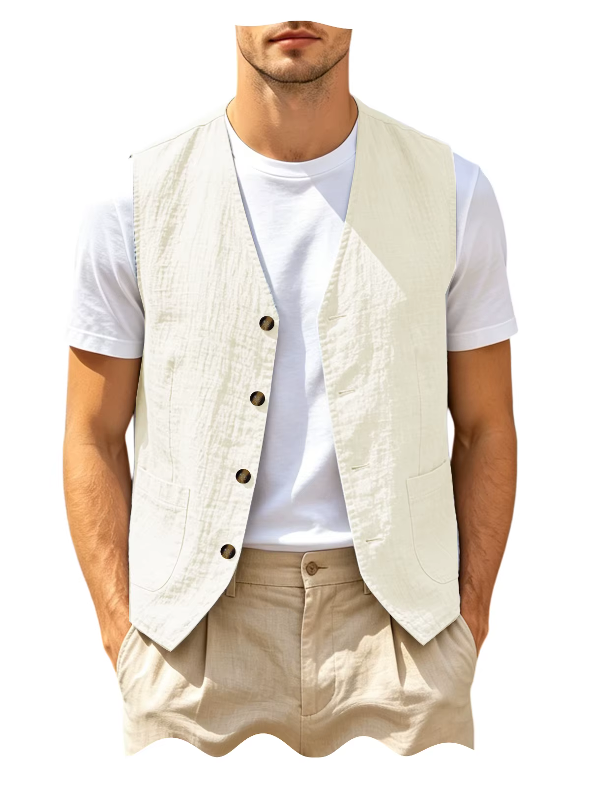 Gilet décontracté en lin pour hommes, col en v, sans manches, léger, respirant, couleur unie, à bout