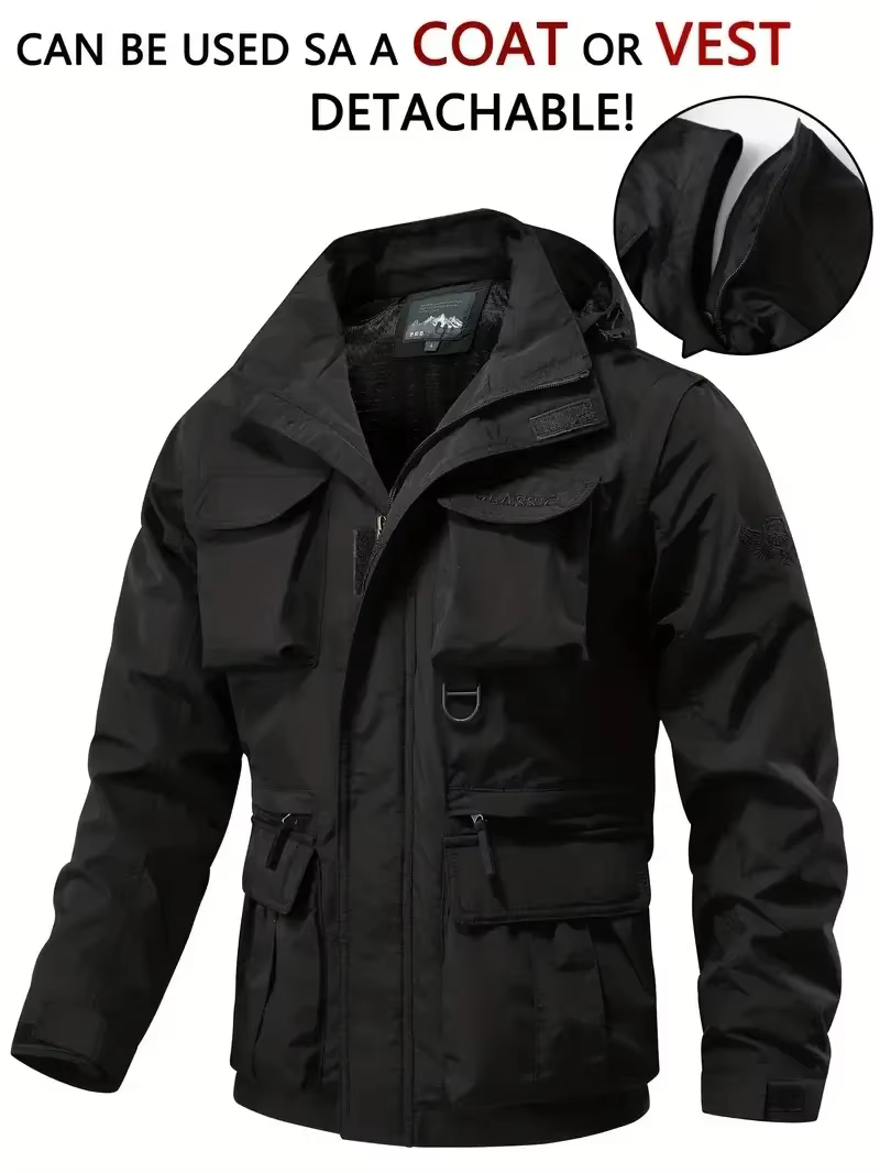 Veste à capuche imperméable et détachable pour hommes, décontractée, multi-sacs, Cargo, gilet adapté