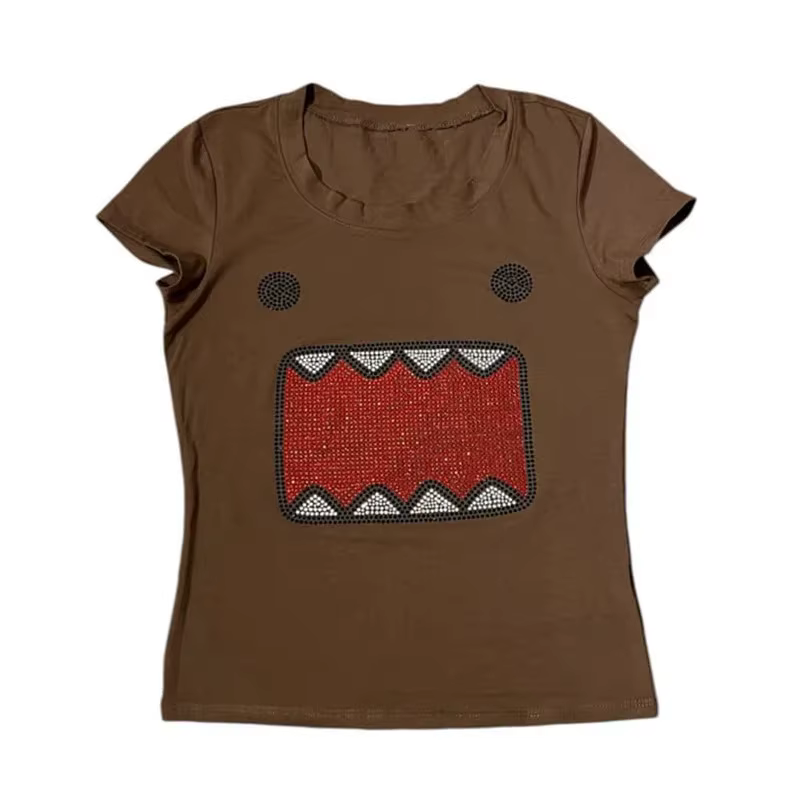 Été nouvelles femmes Y2K fille rétro chaud Fix strass Application col rond haut T-shirt drôle Vintag