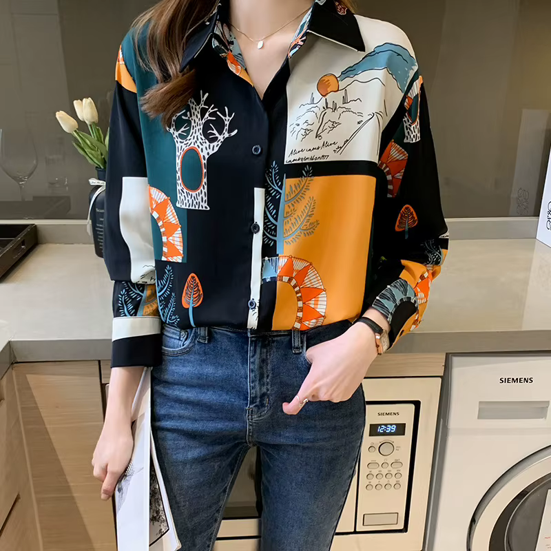 Chemise imprimée pour femmes, Niche Design, nouvelle polyvalente en mousseline de soie, manches long
