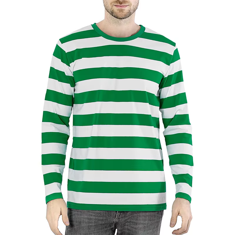 Mode contraste rayure impression 3D hommes à manches longues T-shirt décontracté mode col rond surdi