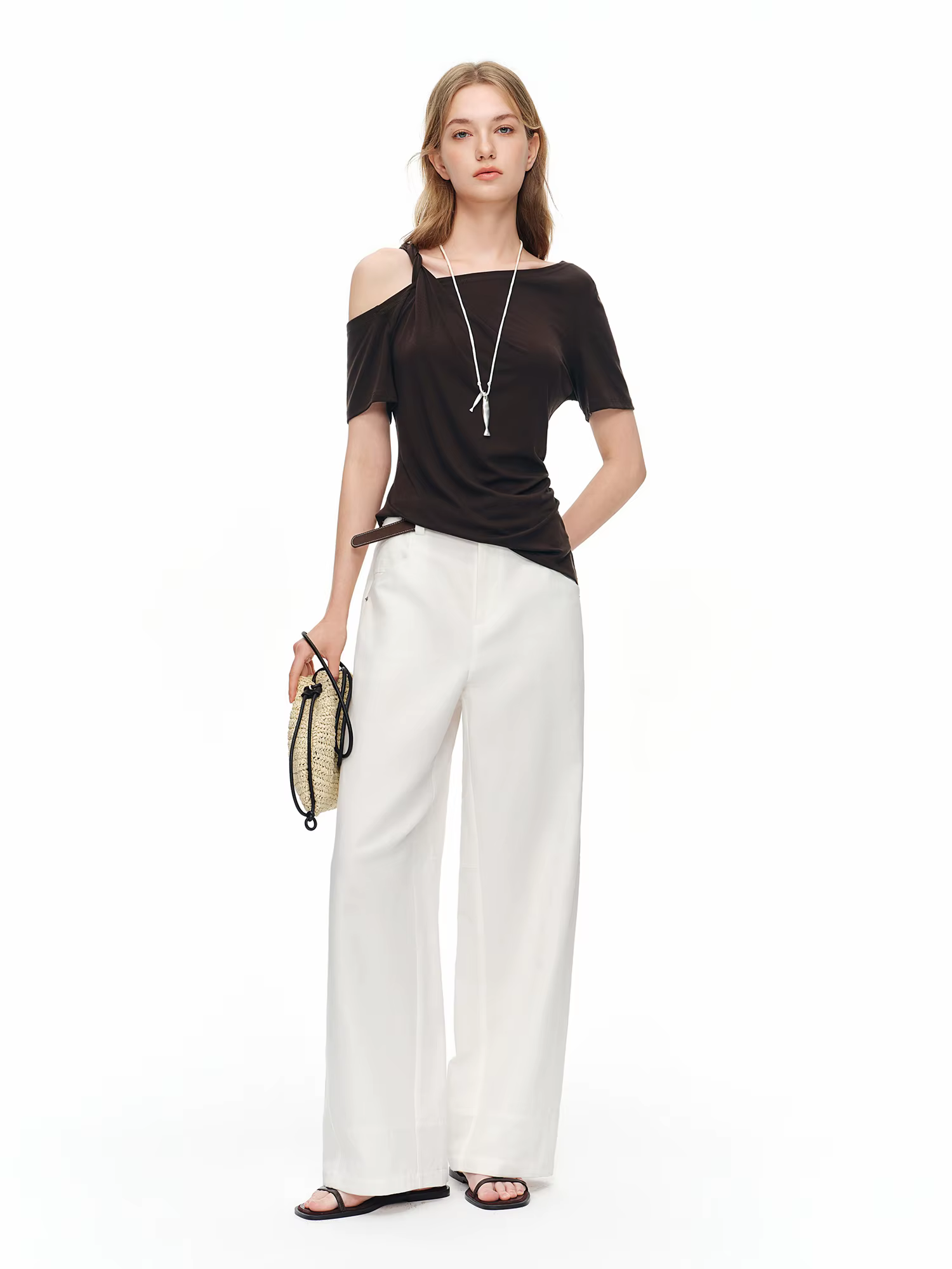 DUSHU T-shirt asymétrique à épaules dénudées pour femme, coupe irrégulière, été 2026, manches courte
