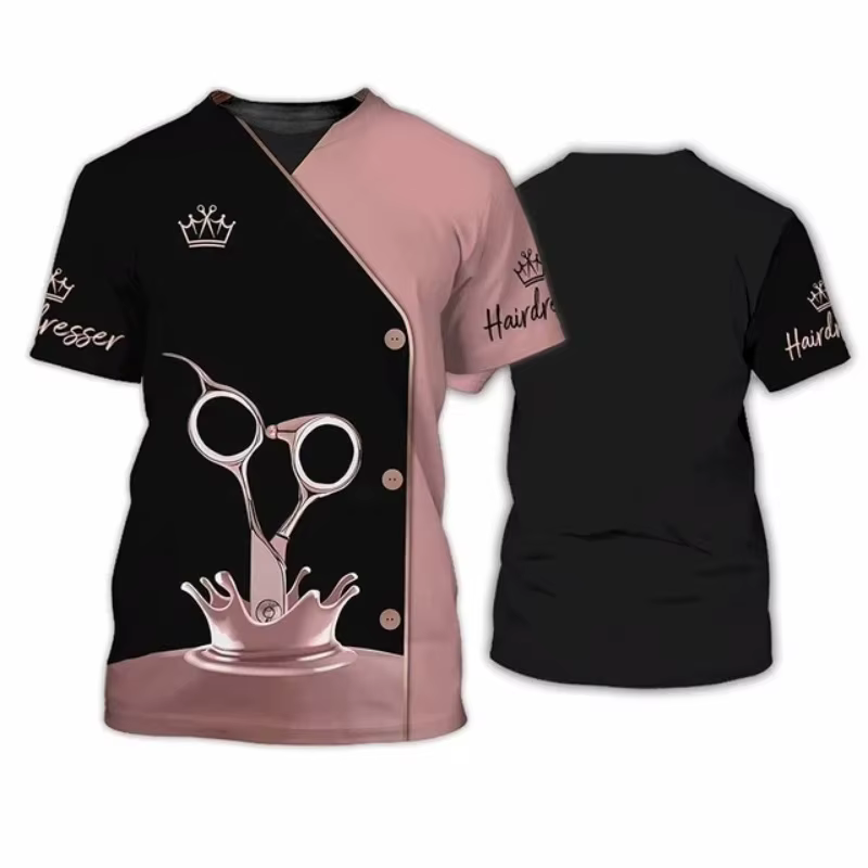 T-shirt à manches courtes et col rond pour femmes, t-shirts College en 3D, motif barbier, salon de b