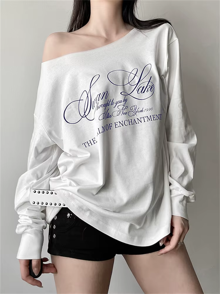 Sisterlinda quotidien Style polyvalent T-Shirts femmes lettre impression épaule inclinée manches lon