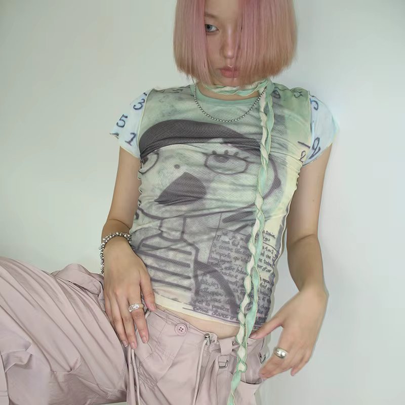 Karrcat-T-shirt en maille grunge et esthétique, Cyber Graphic, Harajuku Fairycore, Bandage Crop Top,
