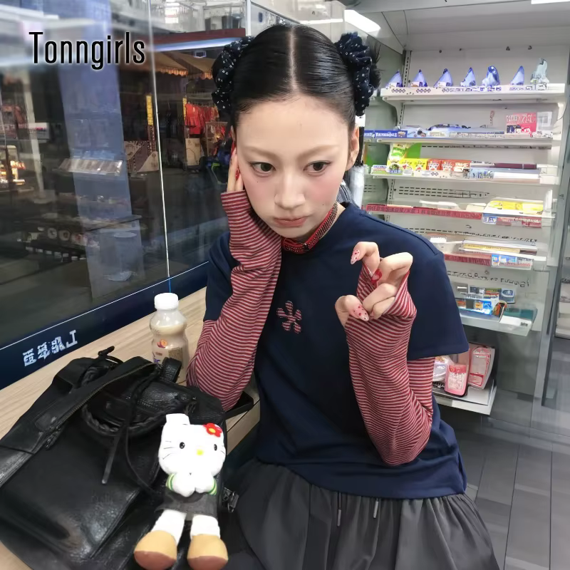 Tonngirls Harajuku Patchwork T-shirt femmes à manches longues rayé faux deux pièces hauts Streetwear