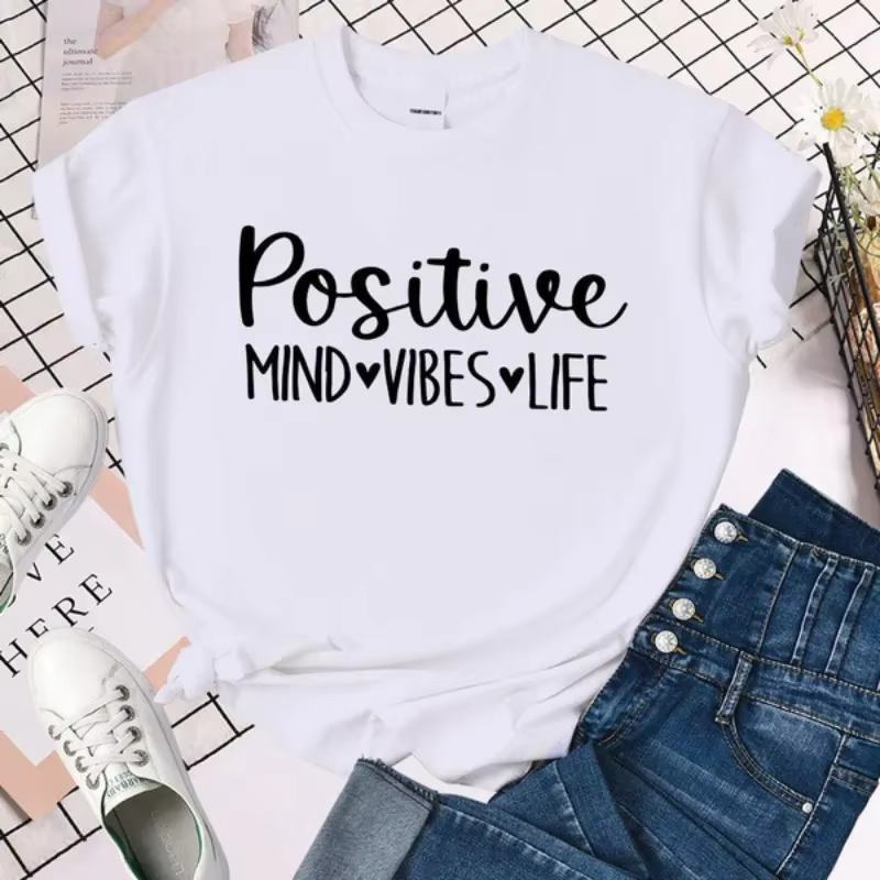 T-shirt manches courtes col rond femme, estival et positif, avec lettres imprimées Beaumont Vibes Li