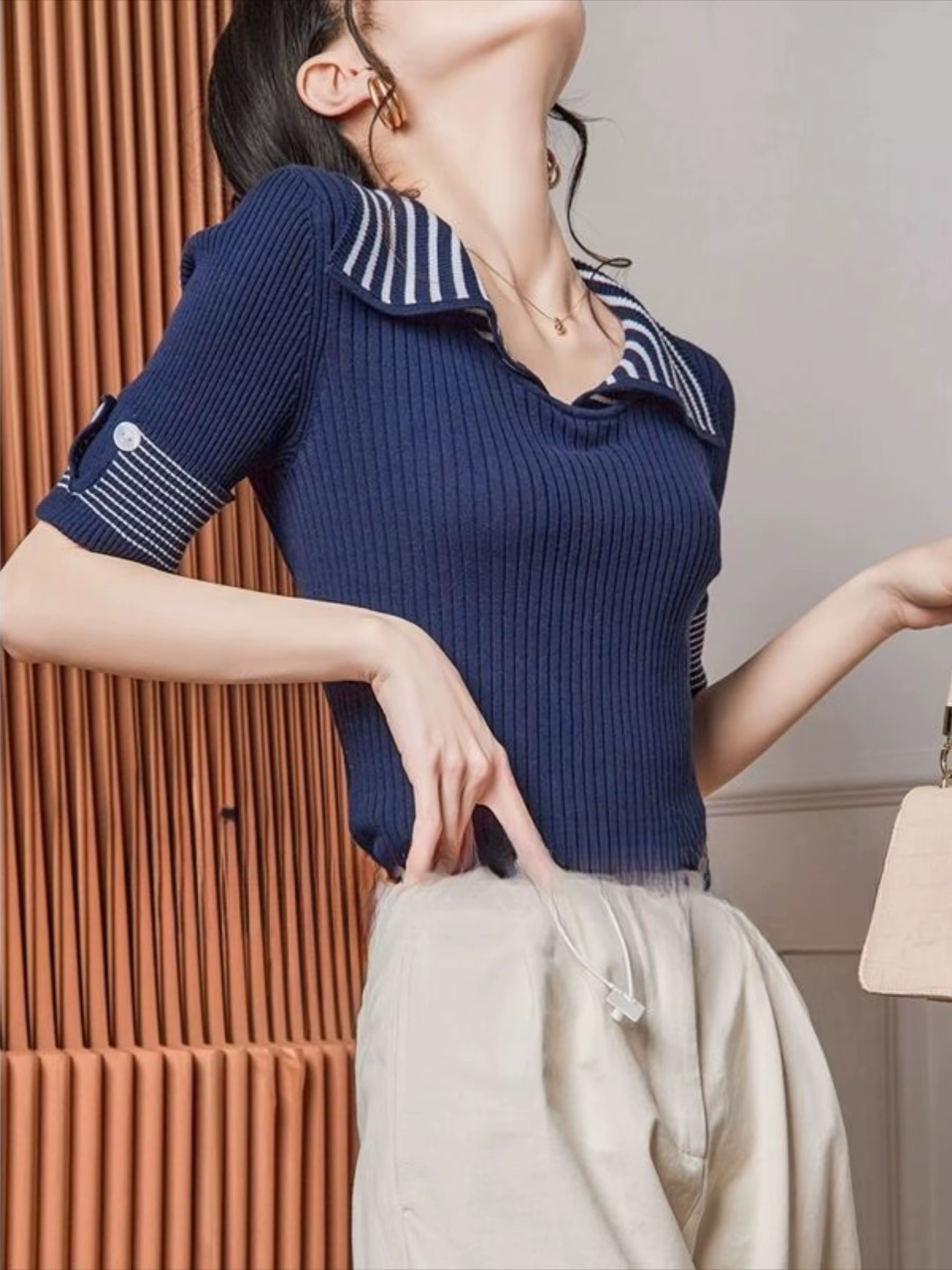 Pull à col polo uni pour femme, haut en polyester, t-shirt vintage, t-shirt sexy, offre de livraison