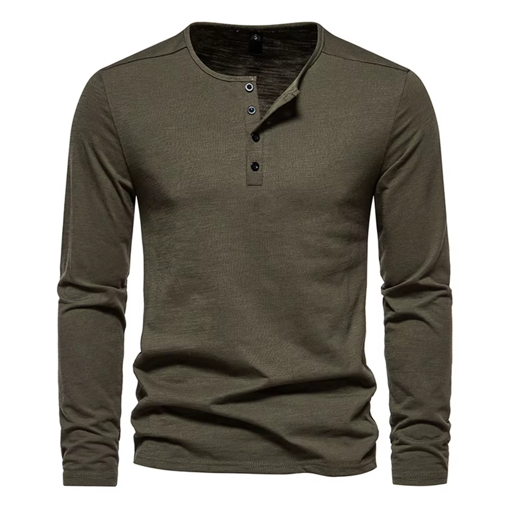 Hommes à manches longues T-shirt coton coupe ajustée chemise de fond Fitness hauts t-shirts bouton c