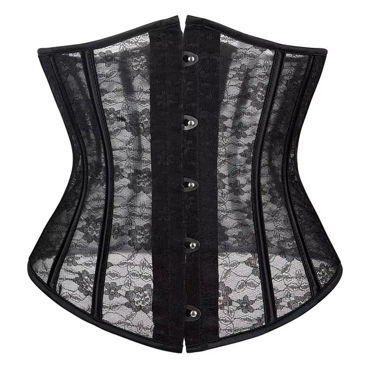 Corset sous-poitrine pour femme, noir et blanc, en maille transparente et dentelle, avec baleines en