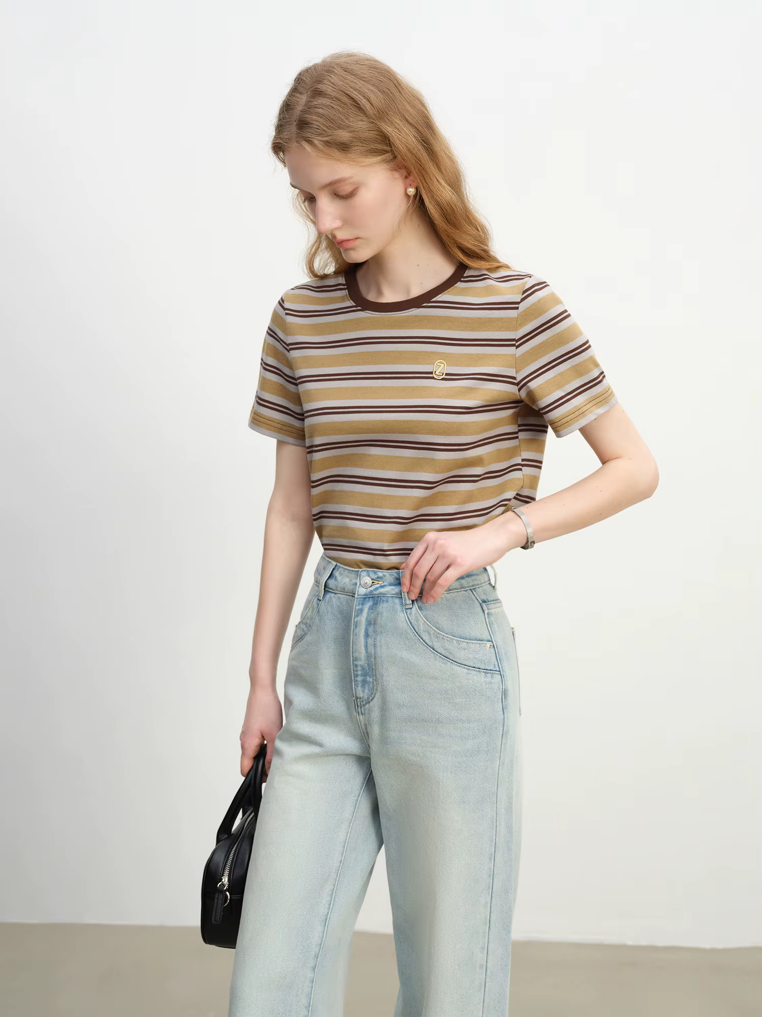 ZIQIAO T-shirt rayé à manches courtes pour femmes 2025 été nouveauté col rond ample Style rétro Chic