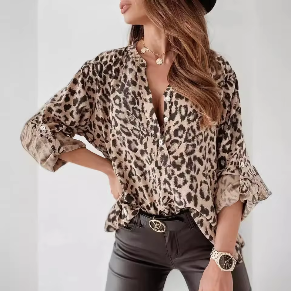 Chemisier imprimé léopard pour femmes, vacances d'été, élégant, chemise décontractée avec simple bou