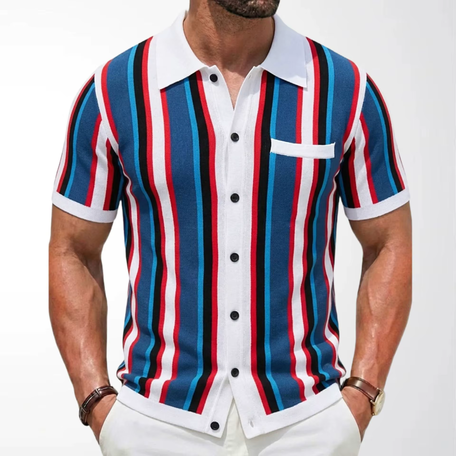 Cardigans tricotés Vintage pour hommes, Polo rayé, manches courtes, revers, hauts respirants, Busine