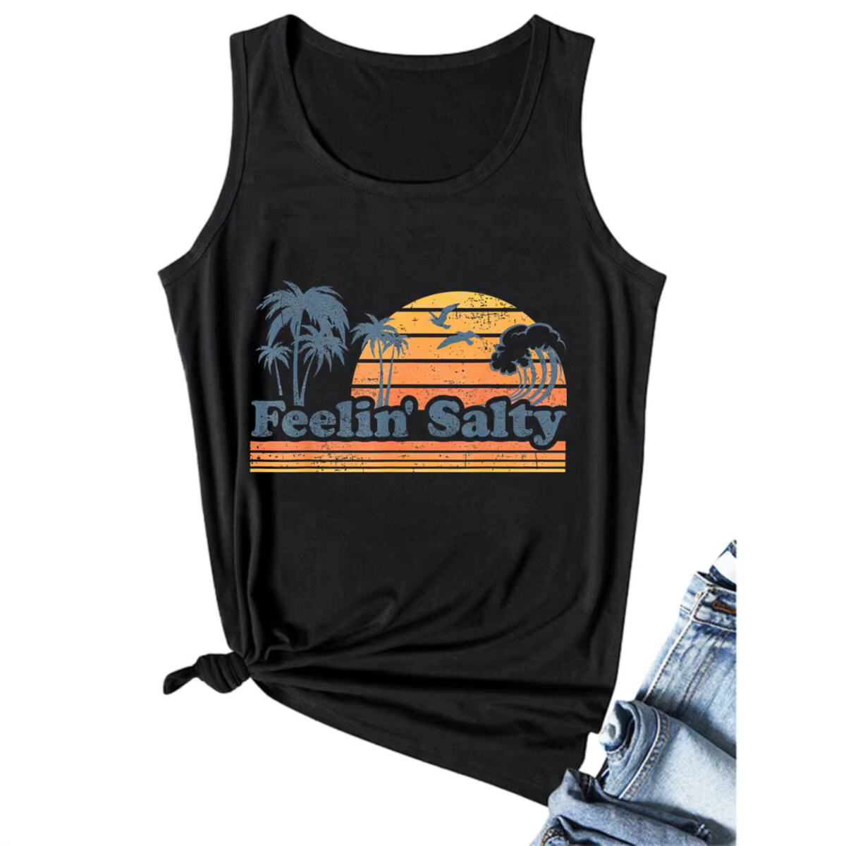 Débardeur pour femmes Feelin' Salty, motif palmier coucher de soleil rétro, style plage, avec bretel
