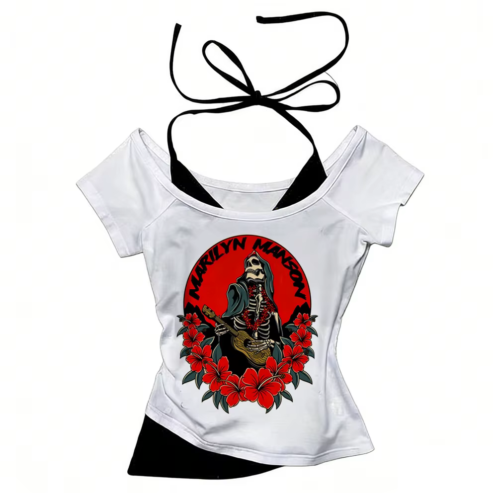 T-shirt Marilyn Manson pour femmes, rétro, hip hop, kawaii, confortable, respirant, années 80, anime