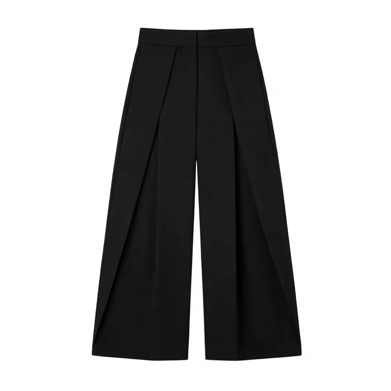 Pantalon Baggy Noir Plissé à Jambes Larges Rayé Décontracté Taille Haute pour Femme Printemps