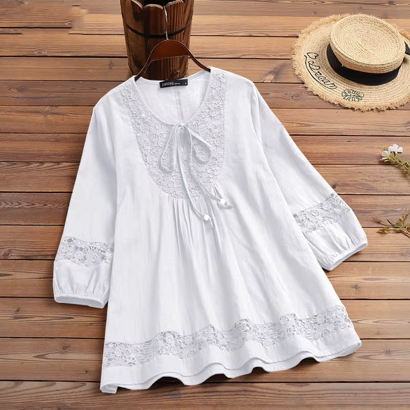 T-shirt à manches 3/4 en coton et lin pour femmes, épissage de dentelle, vêtements de tempérament, p