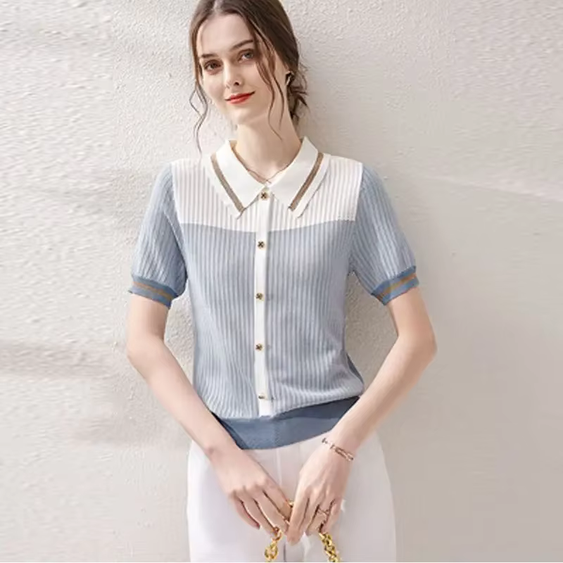 Polo femme bouton T-shirts tricoté mince femme t-shirt vêtements tendance 2025 pas cher hauts Style 