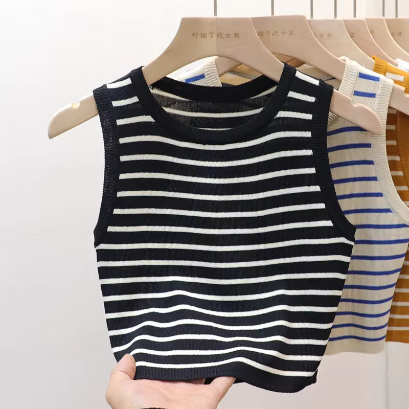 T-shirt court et slim à rayures pour femmes, gilets courts et décontractés, chemises d'été et de pri
