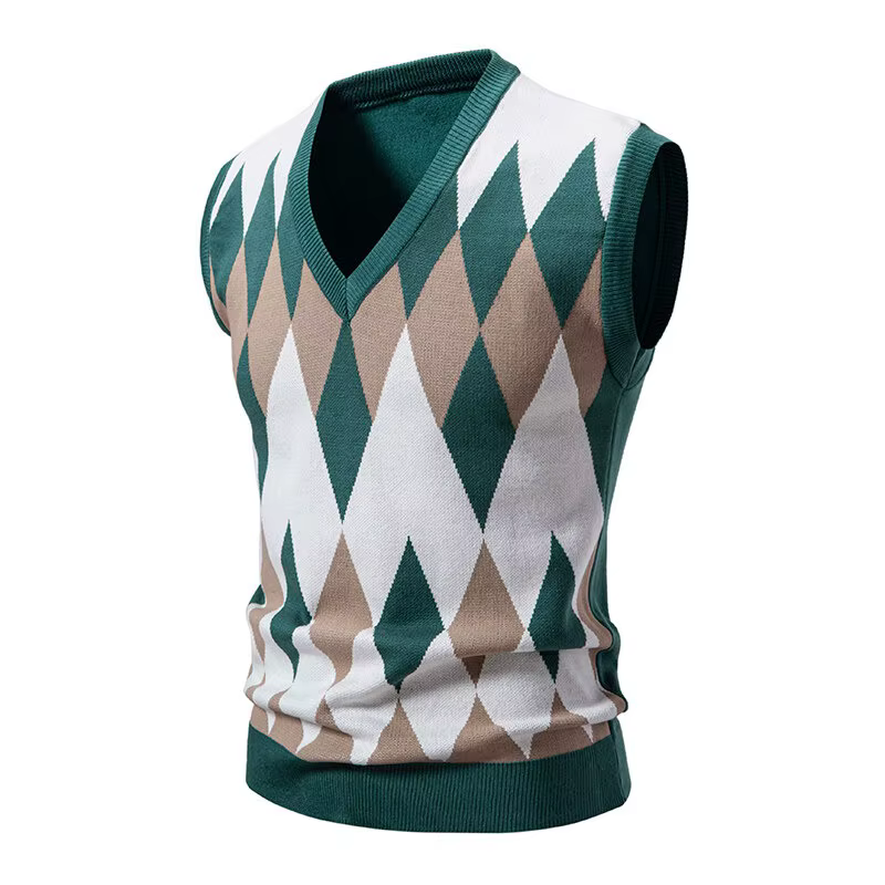 Nouveau hommes Argyle tricots gilet col en V sans manches décontracté coupe ajustée pull tricoté pul