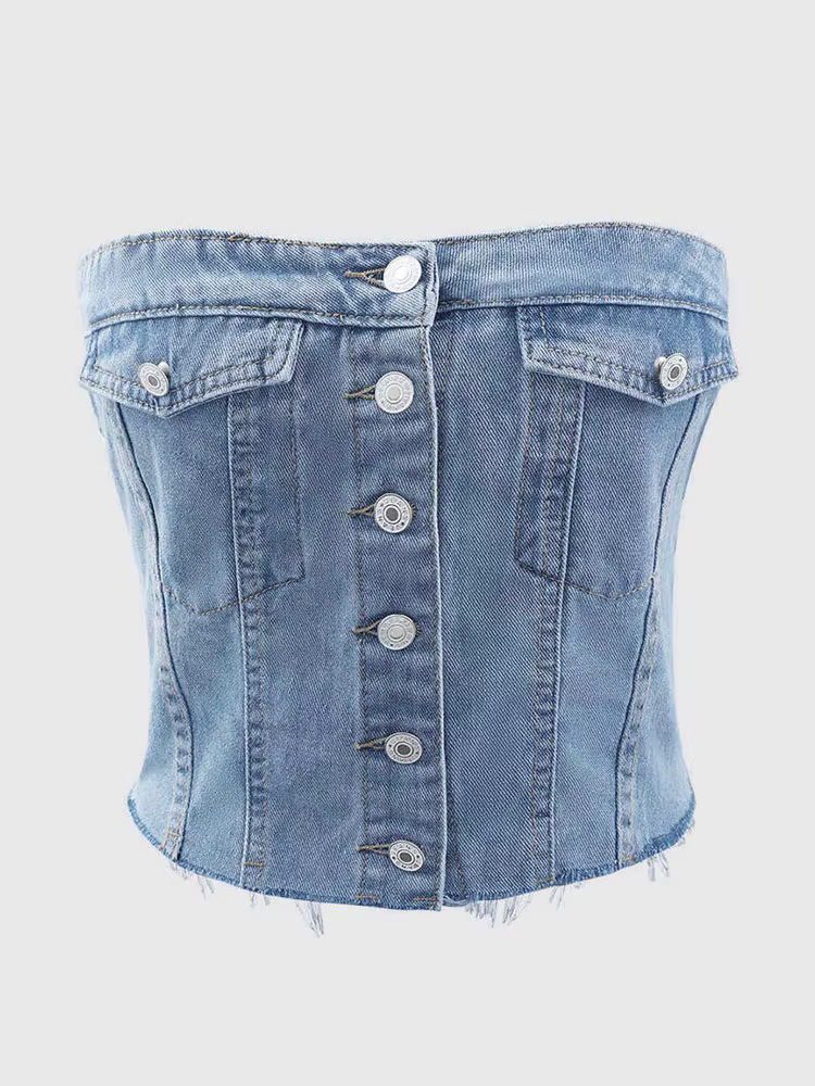Haut court en denim sans bretelles pour femme, ourlet brut boutonné devant, banribJean, sortie en bo