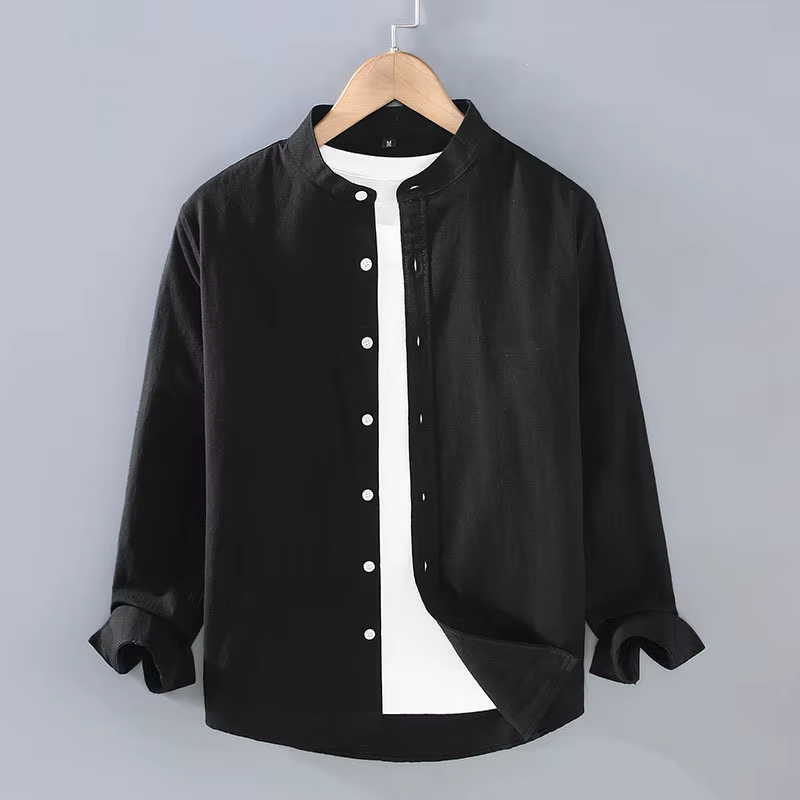 Chemise en lin pour hommes, couleur unie, col Henry, haut à manches longues, décontracté, respirant,