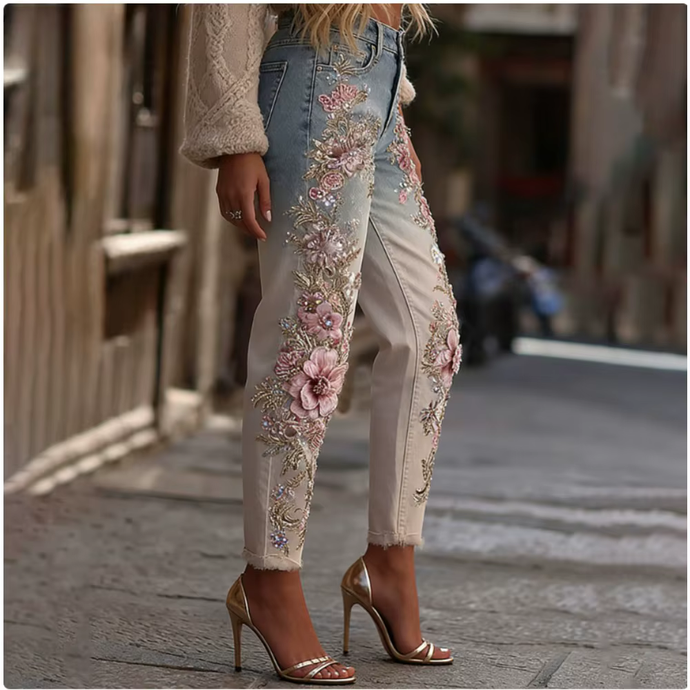 Pantalon en jean extensible pour femmes, imprimé floral 3D, coupe droite, décontracté