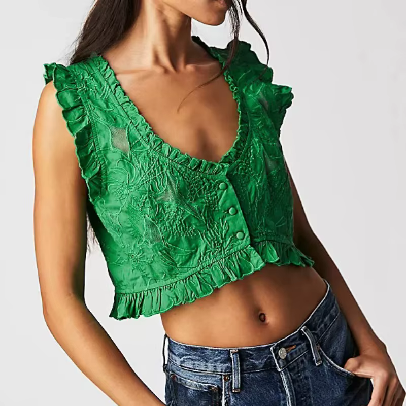 Débardeurs brodés pour femmes Y2K, crop top sans manches, gilet court à volants, hauts d'été rétro f